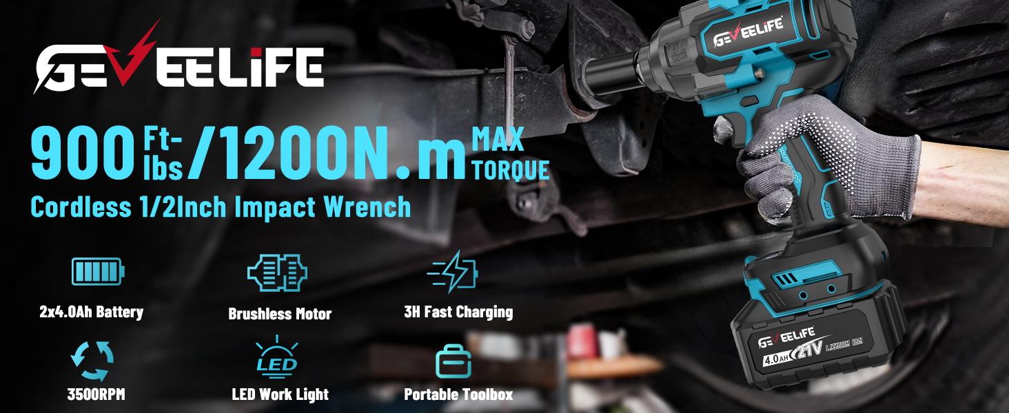 GEVEELIFE 1200NM Cordless Impact Wrench 900FT-LBS for Automobiles Trucks 2x 4.0Ah Batteries Fast Charger 3000RPM 5 Sockets 1 Extension Bar High Torque Power Tool GEVEELIFE 1200NM Cordless Impact Wrench 900FT-LBS for Automobiles Trucks 2x 4.0Ah Batteries Fast Charger 3000RPM 5 Sockets 1 Extension Bar High Torque Power Tool