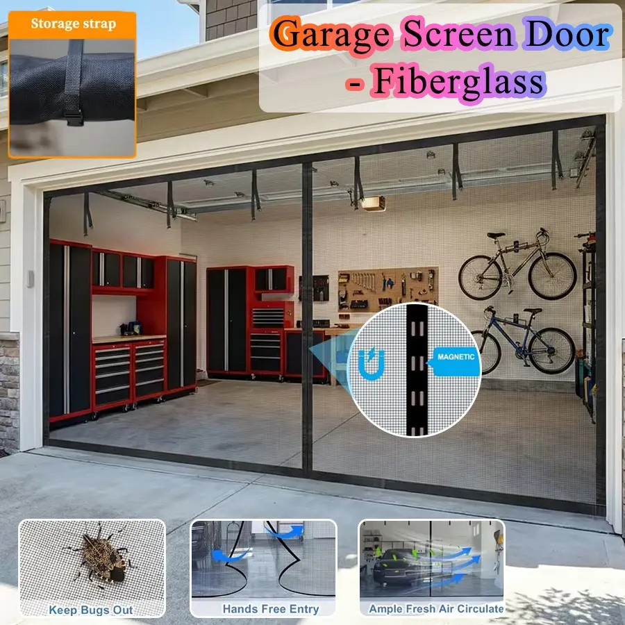 1pc Garage Screen Door, Glass Fiber Magnetic Blocks, Fiberglass, Easy Installation, Hands Free Entry, Automatic Closure with Buckle Strap, Durable Mosquito Net Design, Keep Bugs Out