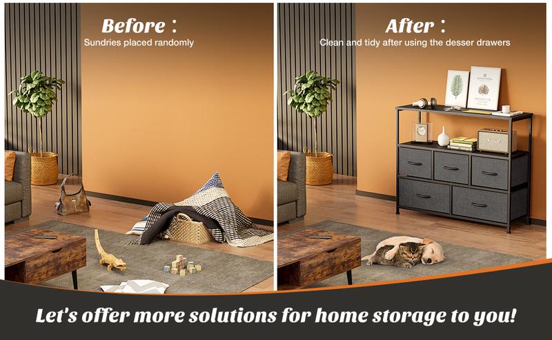 Entertainment Center with 5 Fabric Drawers, Media Console Table Open Storage Shelf Dresser for Bedroom/Living Room/Hallway, TV Stand with 5 Drawers