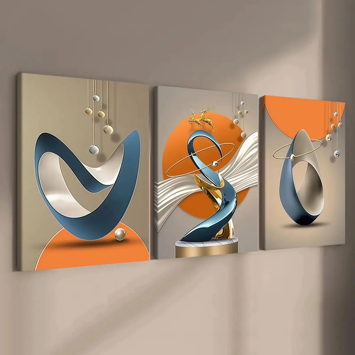 Artistic 3-Piece Contemporary Art Wall Canvas Prints - Pine Wood Framed, Modern Abstract Geometric Light & Shadow Metallic Deer, High-Definition Waterproof Posters, Easy-Install Multi-Size Home Decor for Living Room, Bedroom (Custom Sizes Available)