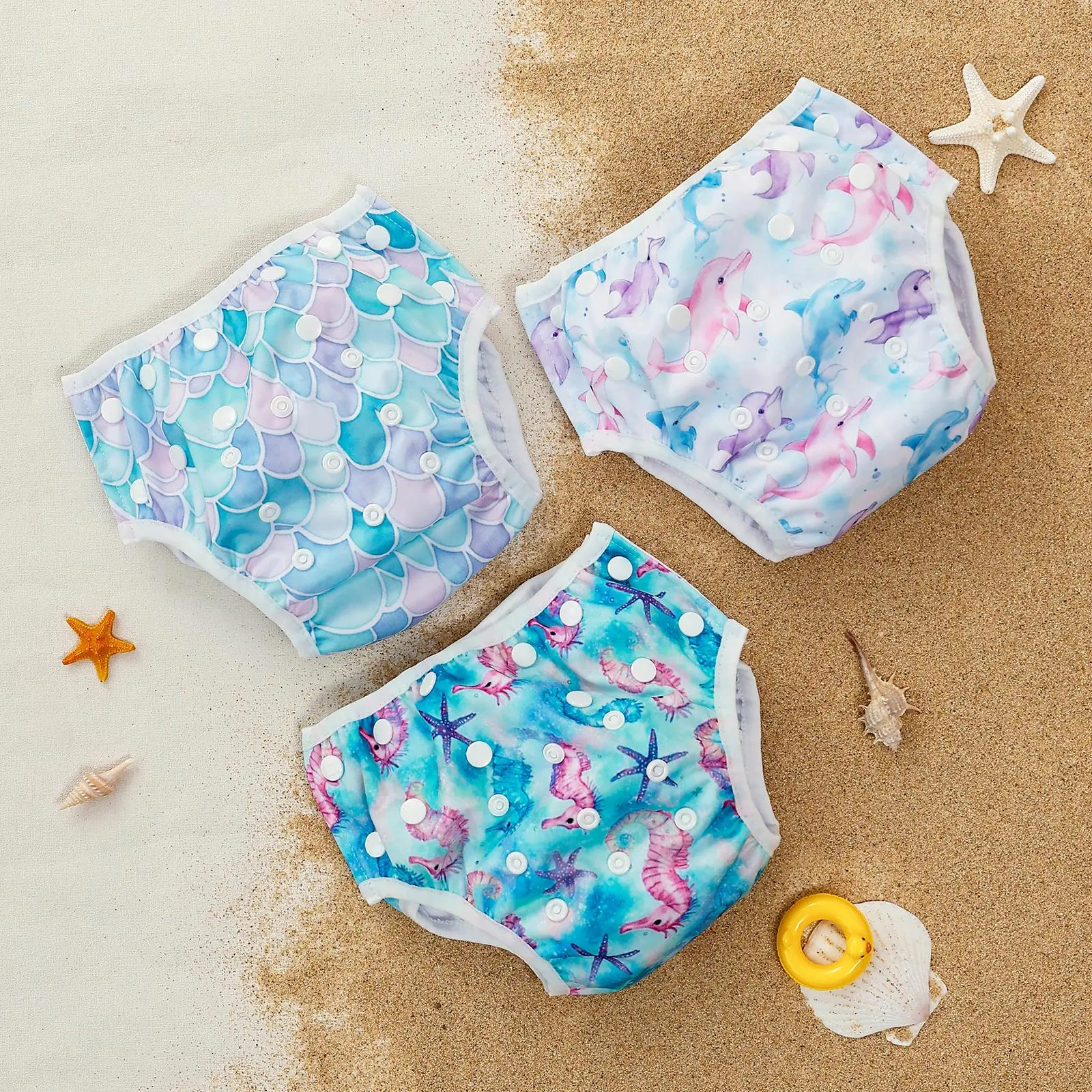 Mermaid Scales & Shell Print Swim Diaper, 3 Counts/set Newborn Baby Swimming Diaper, Reusable Swim Pant for Baby Girls, Baby Swimming Accessories