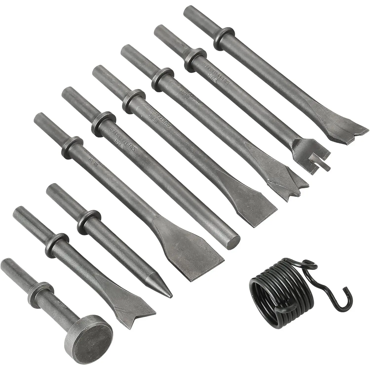 10-Pc Heavy-Duty High Carbon Steel Pneumatic Air Hammer Chisels Hardware Tool Set - 9 Pcs 0.401'' (10mm) Shank Metal Chisels + 1 Spring Included for Leisure & Outdoor Recreation