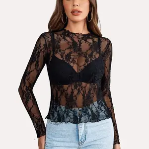 Women's Mesh Top Long Sleeve Mock Neck Blouse Floral Lace Tops