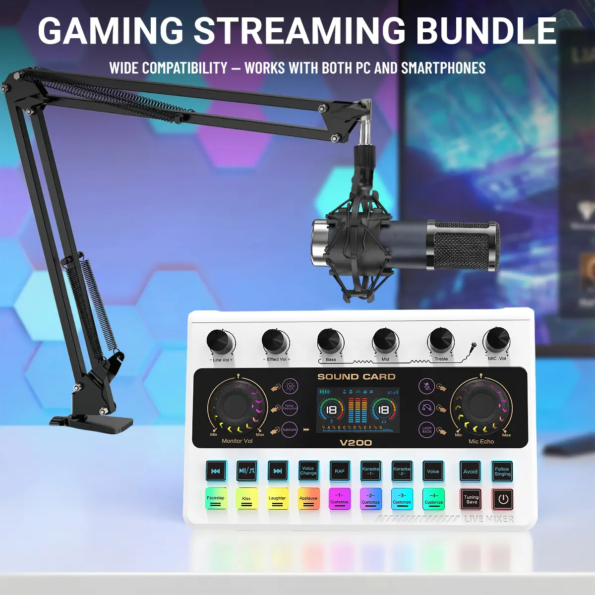 ZealSound V200 Podcast Equipment Bundle - Condenser Recording Microphone, Rechargeable Sound Card with Touchscreen RGB Voice Changer, Mics for iPhone, Mobile, Mac, PC for Podcasting, Live Streaming