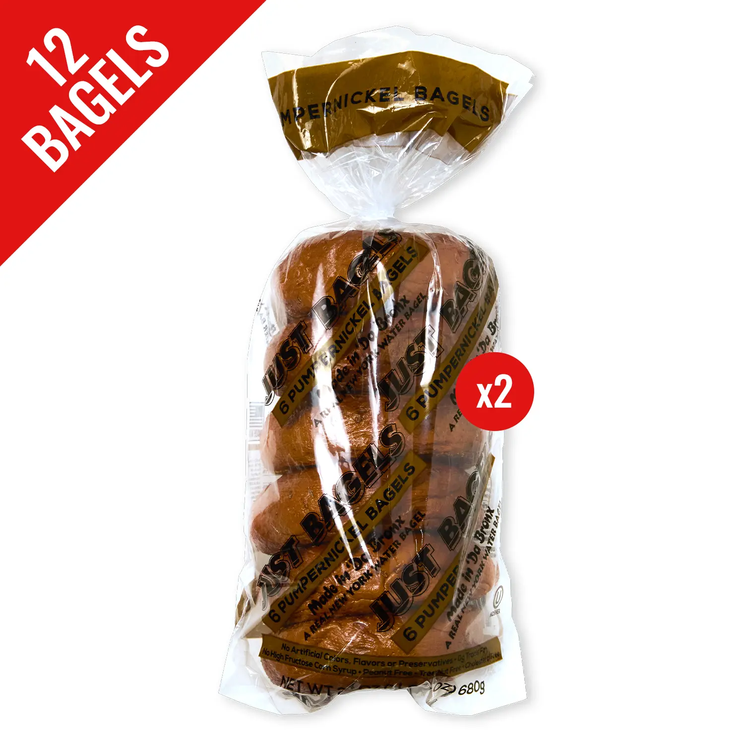 Just Bagels Pumpernickel Bagels 2 Packs of 6 Non-GMO; 12 Authentic New York Style Bagels