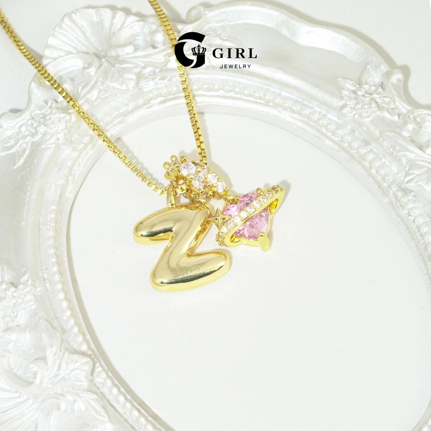 GGlRL Bubble Letter  Necklace Initial Heart Necklace for Women Man Pink Cubic Zirconia Pendant Letter Diamond 18KGold Plated Fashion Jewelry Gift For Holiday Christmas Birthdays Anniversaries