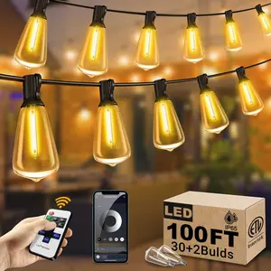 Smart Outdoor String Lights 100FT with 32 ST38 Vintage Edison Bulbs Waterproof Remote APP Control for Porch Deck Garden Backyard Balcony Festival Decor