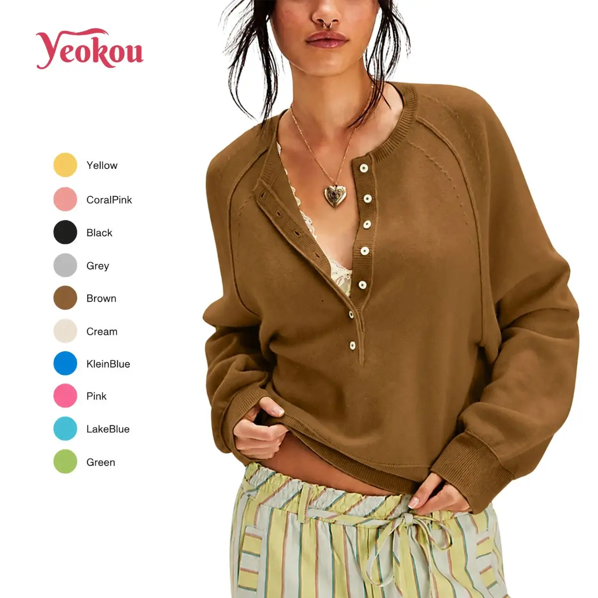 Yeokou Womens Long Sleeve Kinitting Sweater Tops Half Button Sweaters Henley Neckline Casual Lightweight Solid Pullover Knitting