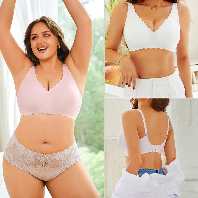 FINETOO Women’s Seamless Bra Wide Strap Soft V-Neck Brassiere Scalloped Edge Low Cut Full Coverage Everyday Bra S-XXL