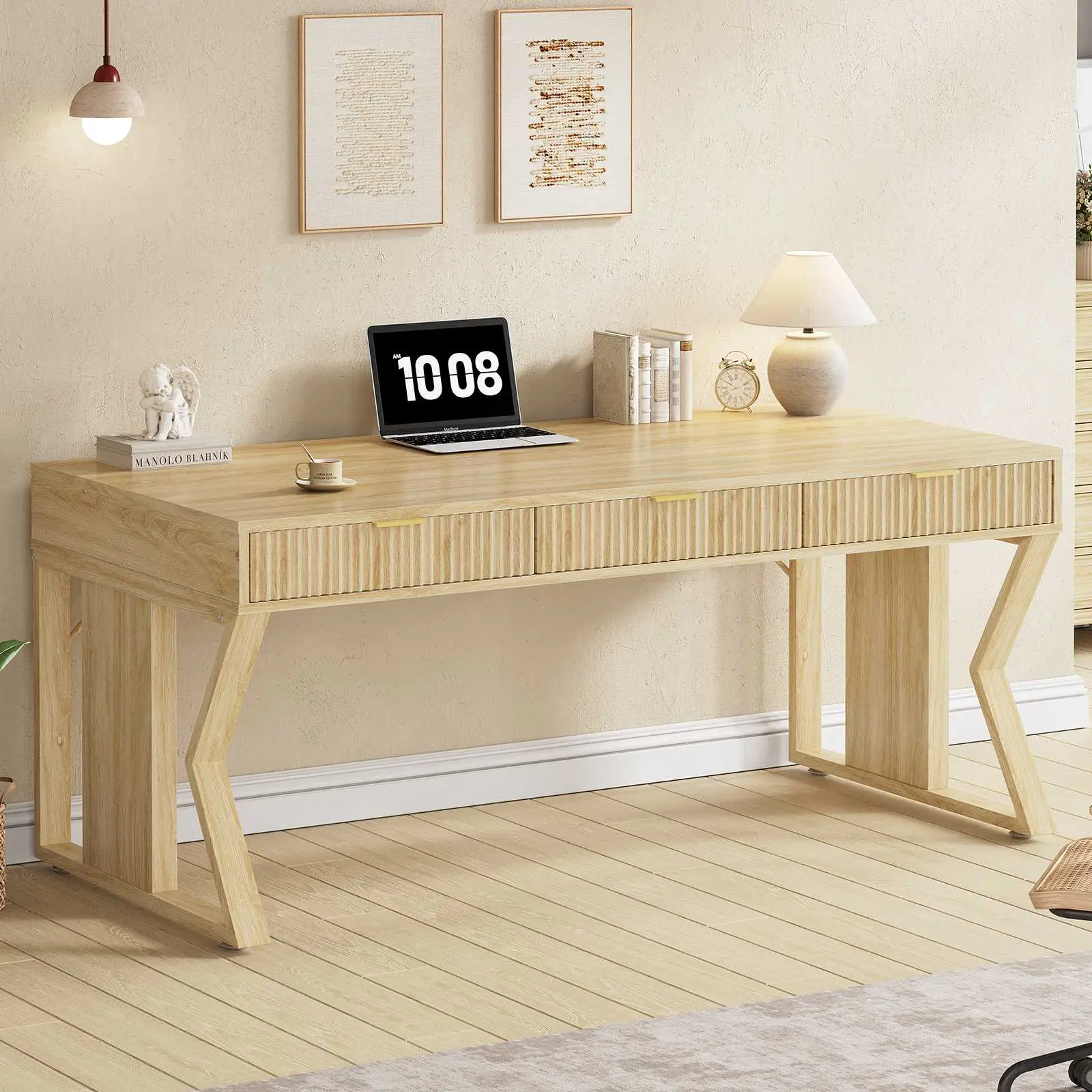 Sedeta 55" Wide Work Zone Vintage Oak Wood Executive Desk - Commercial Office Furniture, Durable Multi-Drawer Writing Workstation with 3 Sliding Drawers (Natural Oak) for Work From Home [Home Office Ideas], Computer Working Desk