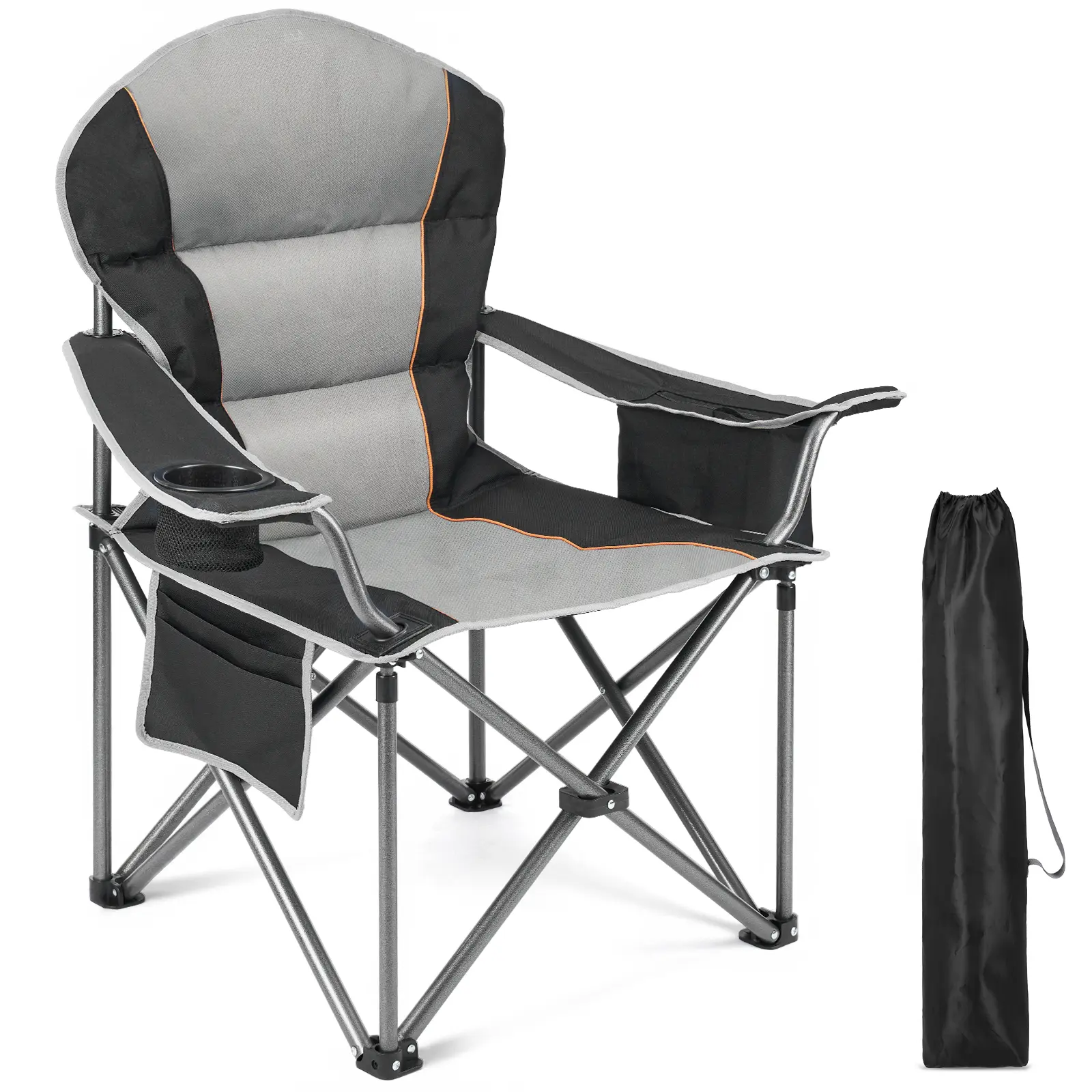 Camping Folding Chair for Adults, Portable Heavy Duty Outdoor Quad Chair with Lumbar Support and Padded Arms, Side Pockets, Cup Holder and Cooler Bag for Beach, Lawn, Picnic, Fishing, Backpacking, Black