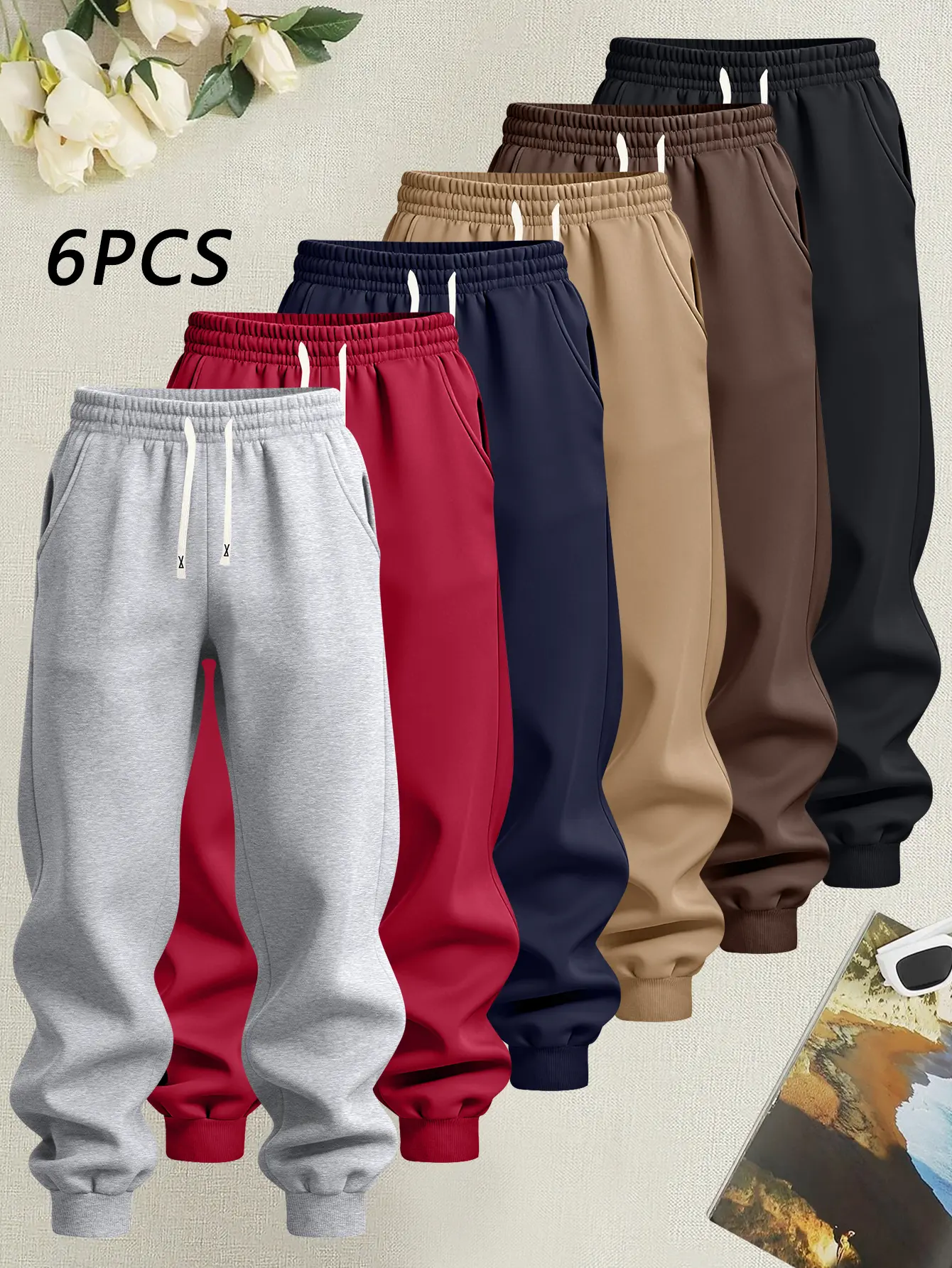 Men’s 6-Pack Casual Jogging Pants, Athleisure Style Bottoms, Spring-Autumn Solid Color Lightweight Elastane Fabric, Regular/Plus Size, Elastic Waist with Drawstring, Cuffed, Breathable Athleisure Bottoms for Holiday Travel, Cuffed Pants