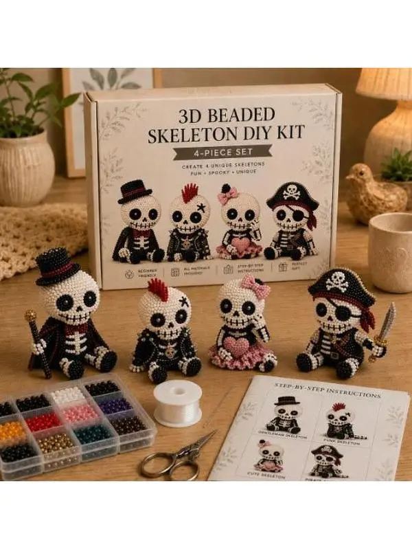 3D BEADED SKELETON DIY CRAFT KIT 4 PACK, All-Inclusive Beginner Friendly Halloween Beading Supplies, Step Guide Included Spooky Skeleton Figurines For Stress Relief Table Decor & Halloween Handmade Gift