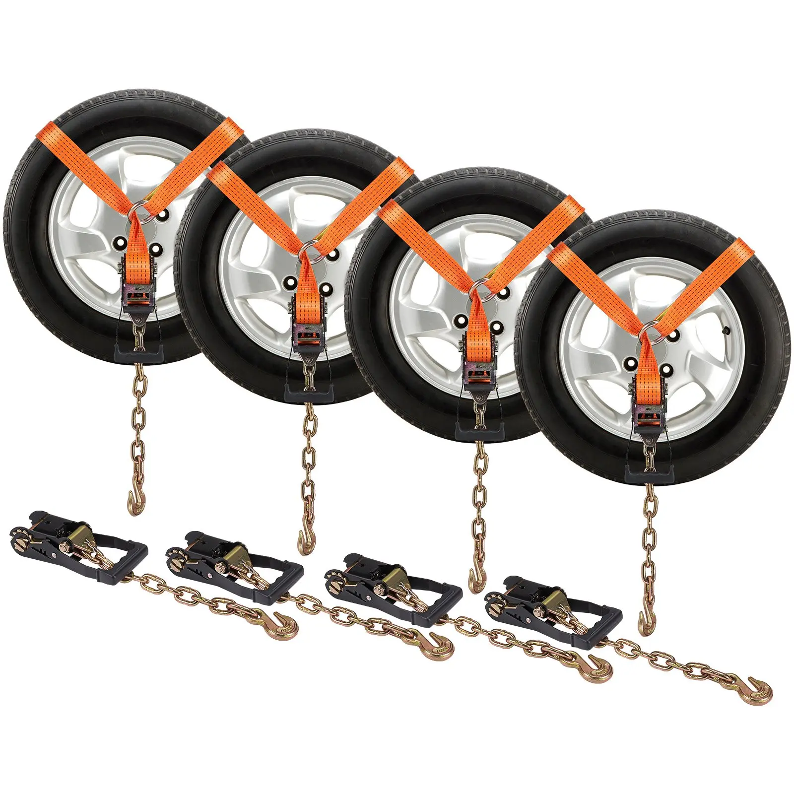 VEVOR Industrial Heavy-Duty Polyester Ratchet Buckle Luggage Straps with Chain Anchors, 4-Pack 2"×120" Lasso Style, Low-Clear Ratchet, Metal Hooks, Molded Grip, 5865 LBS Working Load, 11023 LBS Breaking Strength, Helps Prevent Shifting, Father's Day Gift