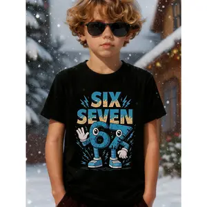 Little boy 67 emoji gesture robot number character mecha blue lightning fun 100% cotton pattern T-shirt, toddler cartoon T-shirt, machine washable, 67 Thanksgiving and Christmas boys' fall clothing, teen boy clothing gift