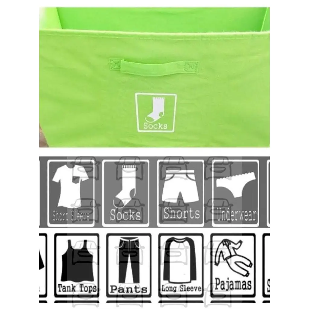 Fabric Cube Iron-On Labels Set - 4 in Tall Home Organizer Storage Solution with Teflon Sheet, Teaches Chores via Word Picture Associations, Organize Easily for Parents and Children (Clothing Bin Use)