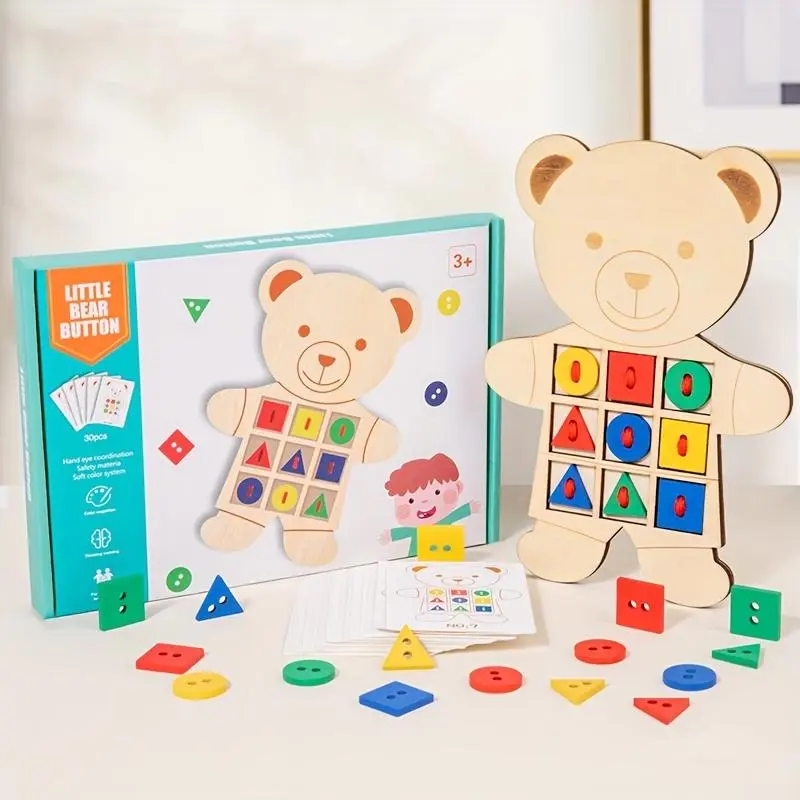 A Threading Game with Wooden Bear Buttons That Boosts Logical Reasoning Skills, Helps in Identifying Colors And Shapes, And Is an Excellent Aid for Both Manual Dexterity And Cognitive Development