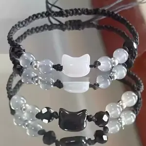 Matching Cat Bracelet Set Moonstone & Obsidian Couple Bracelets for Valentine’s Day, Couples & Best Friends