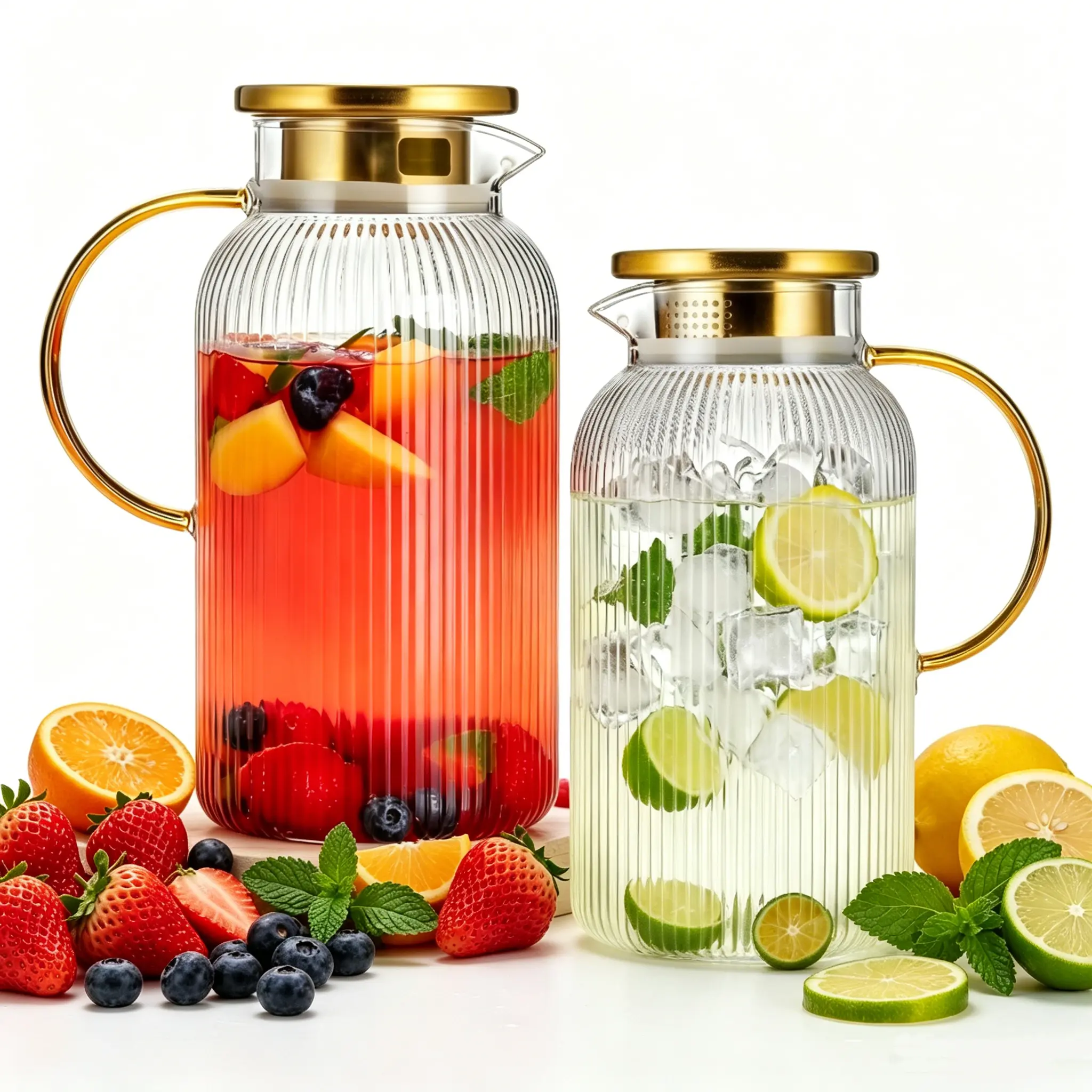 Vintage Heat-Resistant Steel Glass Pitcher with Lid, Strainer & Induction Compatibility, 68 oz/2L Traditional Home Drinkware for Cold Brew Coffee, Fruit Lemonade