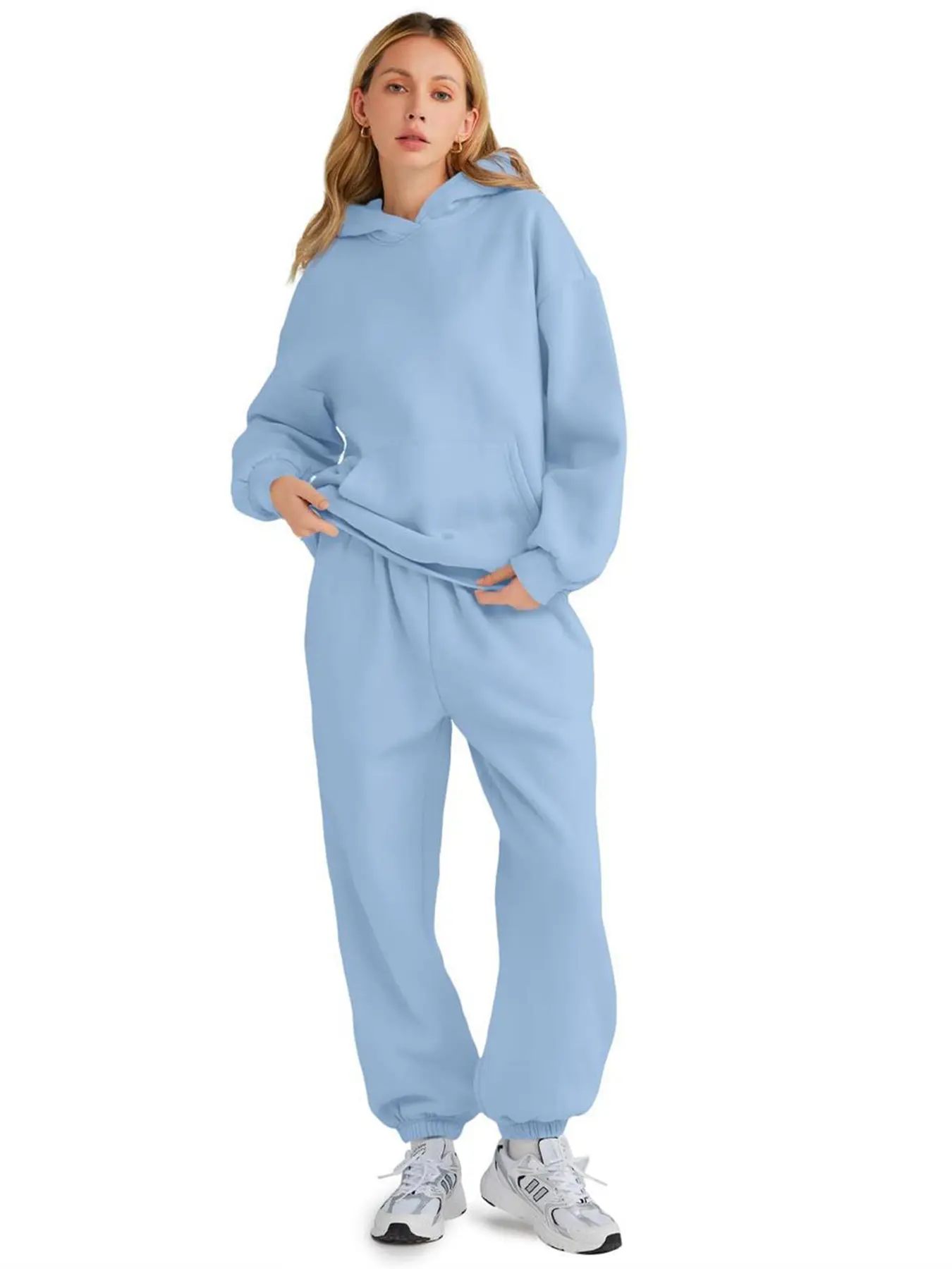Women's Plus Size Soft Electric Blue 2-Piece Sweatsuit Set Outfit - Loose Fit Long Sleeve Hoodie & Sweatpants, Solid Polyester Casual Sportswear, Fall Travel Lounge Wear, Machine Washable, 2 Piece Sets