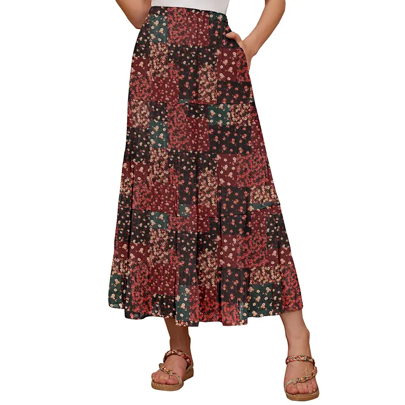 Women's High Waisted Maxi Skirt,Elastic Chiffon Boho Long Skirt with Pockets Fit Pleated Bohemian Beige Floral Fit Bottom Summer Outfits campingessentials campingessentials