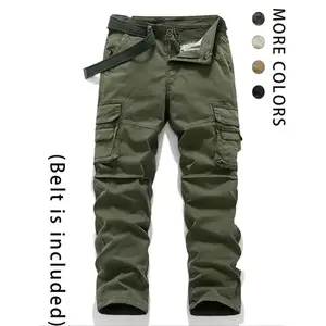 Men's Solid Color Straight Leg Cargo Pants with Belt, Regular Fit Street Fashion Casual Comfy Multi-pocket Trousers for Daily Wear, Pants for Men, Men's All-match Bottoms for All Seasons Menswear Beige