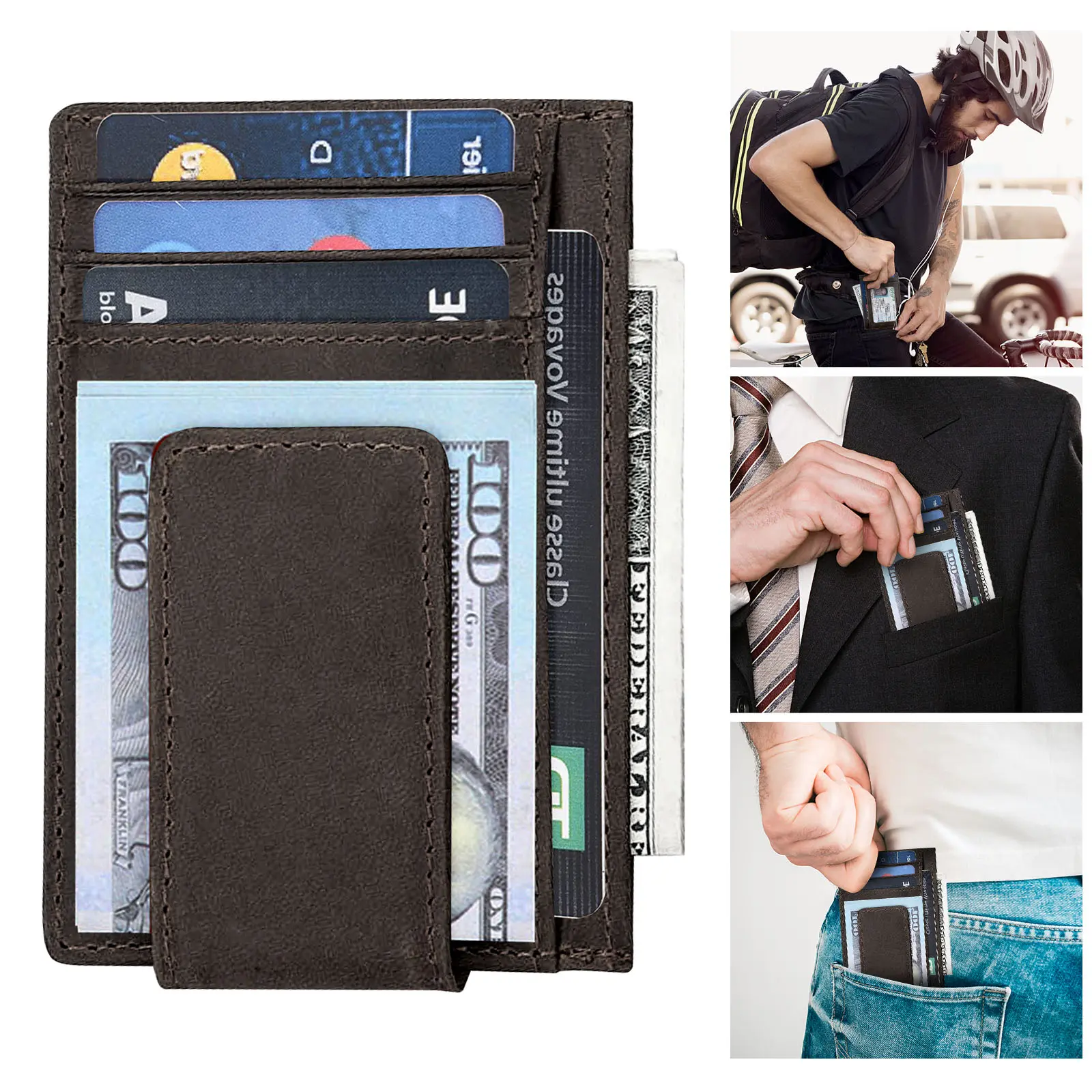 Magnetic Men's Leather Wallet-Money Clip,RFID Blocking Credit Card Holder,magic Slim Front Pocket Wallet, Vintage Minimalist Gift for Men