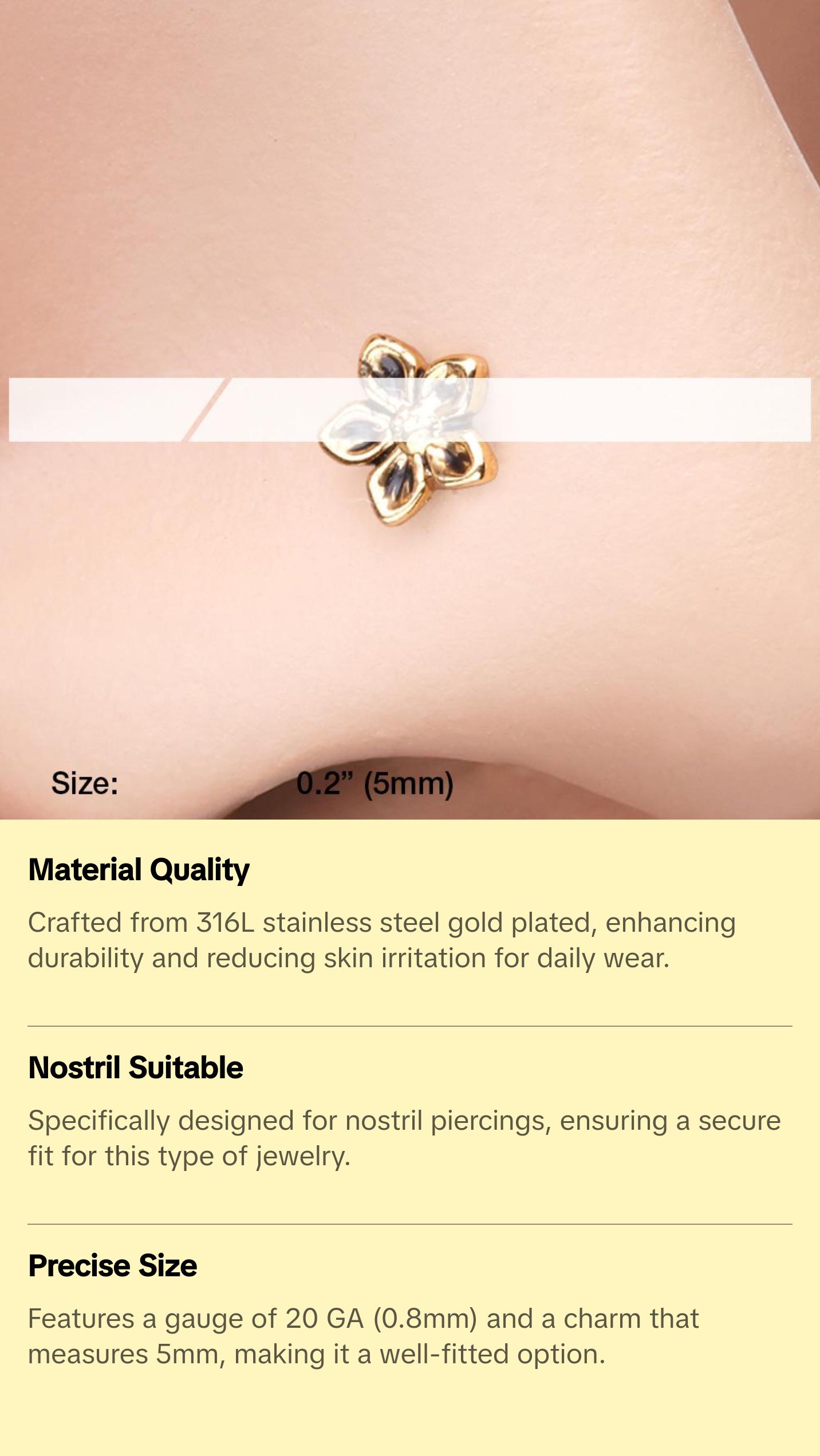 Golden Antique Violet Flower L-Shaped Nose Ring 316L Stainless Steel Gold Plated 20 GA Daily Wear Charm Piercing Jewelry