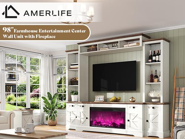 [Ships in 3 Boxes] [Spring Sale] AMERLIFE 98in Farmhouse Wall Unit TV Stand with 36" Fireplace, Bookshelves, Wine Cabinet, Fits 78" TVs, Entertainment Center with Power Outlets & Drawers, Media Console, Living Room/Best Gift Ideas/Christmas Gifts