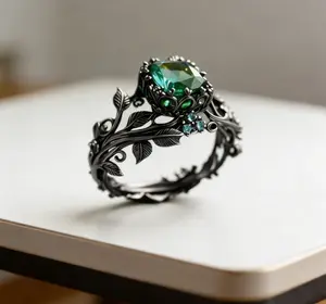 ZHIGUANG Fine Jewelry Ancient Totem Ring with Green Crystal for Spiritual Protection & Healing Handcrafted Tribal Style Women's Design Valentine's Day