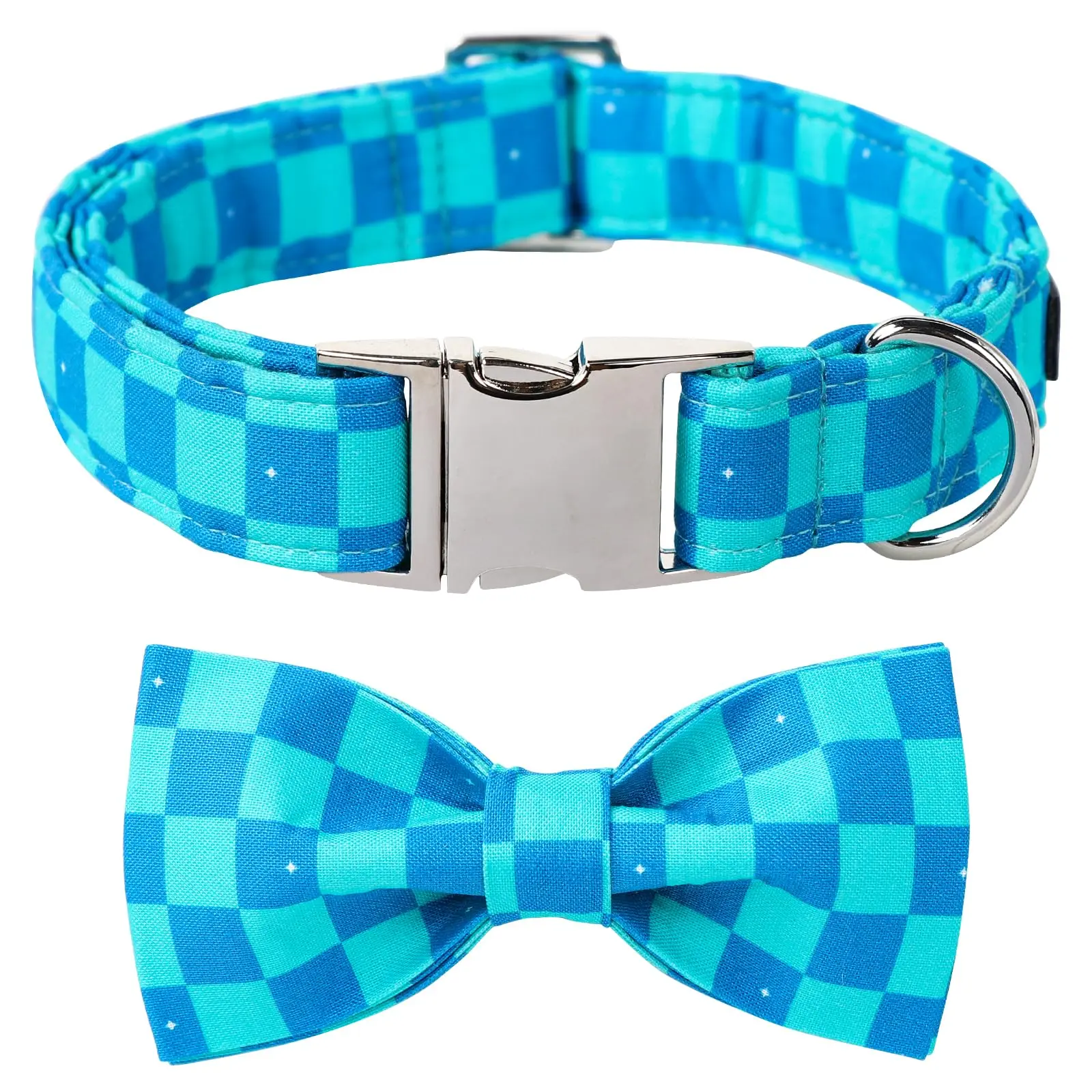 Maca Bates Breathable Cotton Blue Checkered Dog Collar with Bow Tie - Multi-Size, Soft, Escape-Proof Buckle, Secure Fastening, Breakaway Collar for Small to Large Dogs, Ideal for Photos, Parks, Outings, Summer Pet Accessory