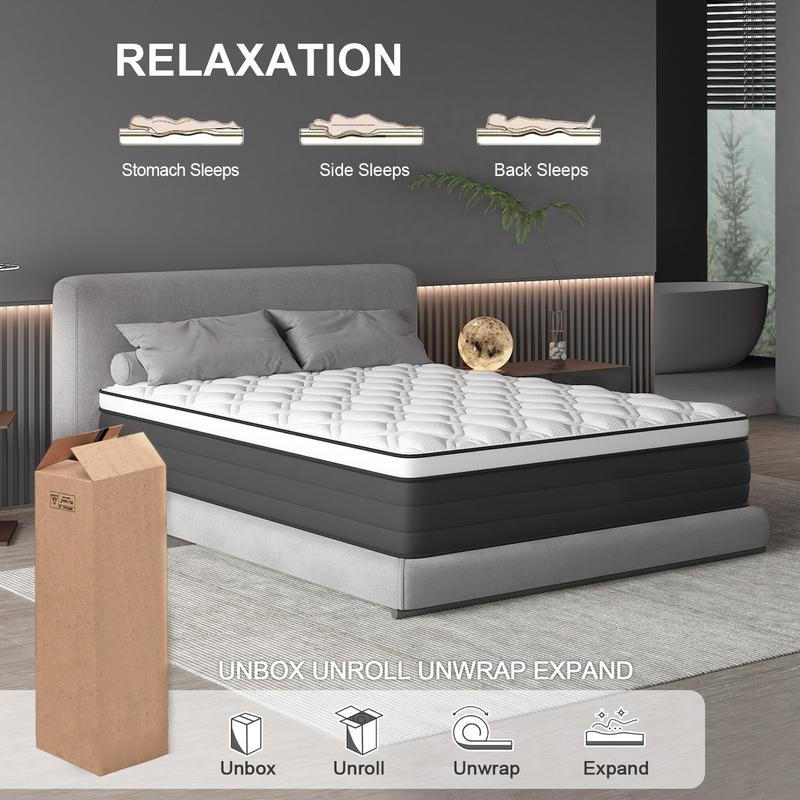 12/14 Inch Memory Foam Mattress Hybrid Pocket Spring Twin Full Queen King Mattress In A Box -Euro Top Mattresses Medium Firm For Motion Isolation, Edge Support, 100 Night Trial