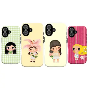Cute Cartoon Girl Phone Case, Kawaii Coquette Floral Phone Cover for iPhone 17 16 15 14 13 12 11 & Galaxy S26 S25 S24 S23 S22 S21, Watercolor Lily Flower Tough Case, Green Plaid & Pink Striped Pattern, Y2K Gift for Her