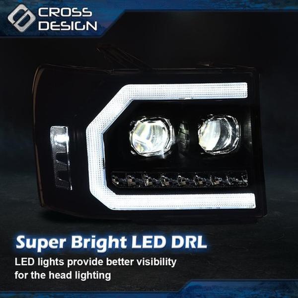 CROSSDESIGN LED DRL Tube Headlights Lamps Fit For 2007-2013 GMC Sierra 1500 2500HD 3500HD