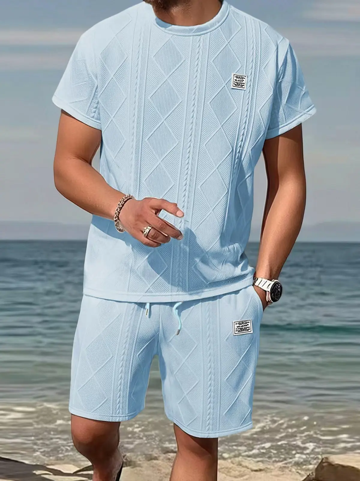 Men's 2-Piece Aesthetic Casual Solid Color Round-Neck T-Shirt & Shorts Set - Jacquard Textured Spandex Clothes, Drawstring Waist, Breathable Menswear, Ideal for Beach & Commuting Vibe