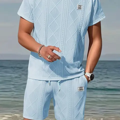 Men's Minimalist 2 Piece Casual Knit Menswear Set 95% Poly 5% Spandex Stretch Diamond Pattern Short Sleeve Crew Neck Soft T Shirt, Straight Leg Shorts, Drawstring Waist, Pockets, Easy Airflow, Loose, Beach & Commuting Use