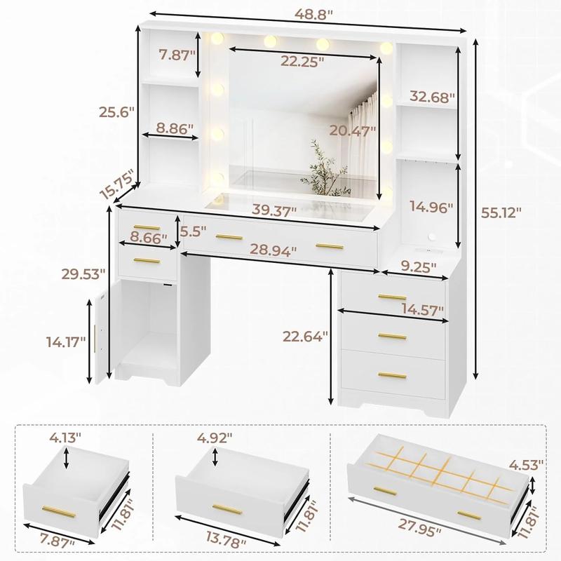 48.8 Inches LED Large Makeup Vanity with HD Mirror Smart LED Lights Charging Station 6 Drawers 4 Shelves Modern White MDF Board Storage for Beauty Lovers
