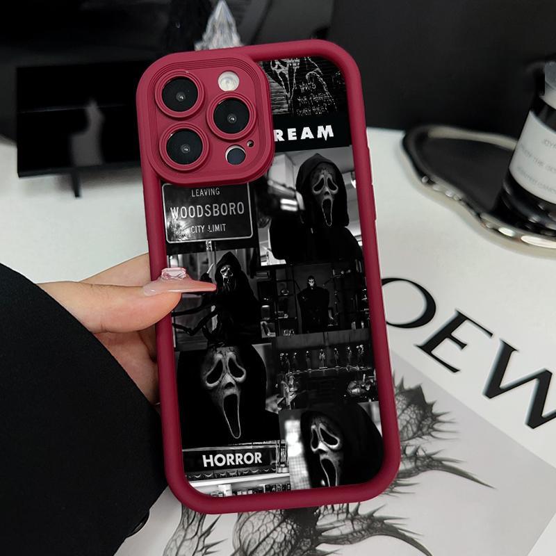 Ghostface's Realm pattern phone case, compatible with iPhone 17 Pro Max, 16 Pro Max, 15 Pro, 14, 13, 12, and 11.  Shockproof and drop-resistant phone case made of durable silicone material.