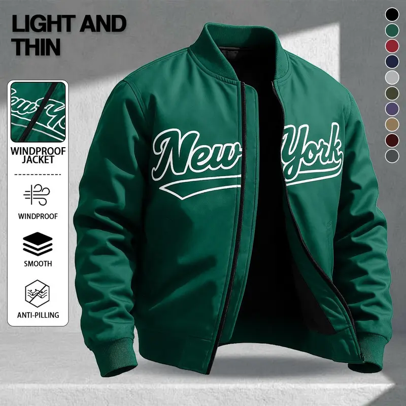 Letter print men's light and thin sports jacket, casual campus baseball jacket, spring and autumn daily wear, non-thick design, suitable for commuting and light outdoor activities