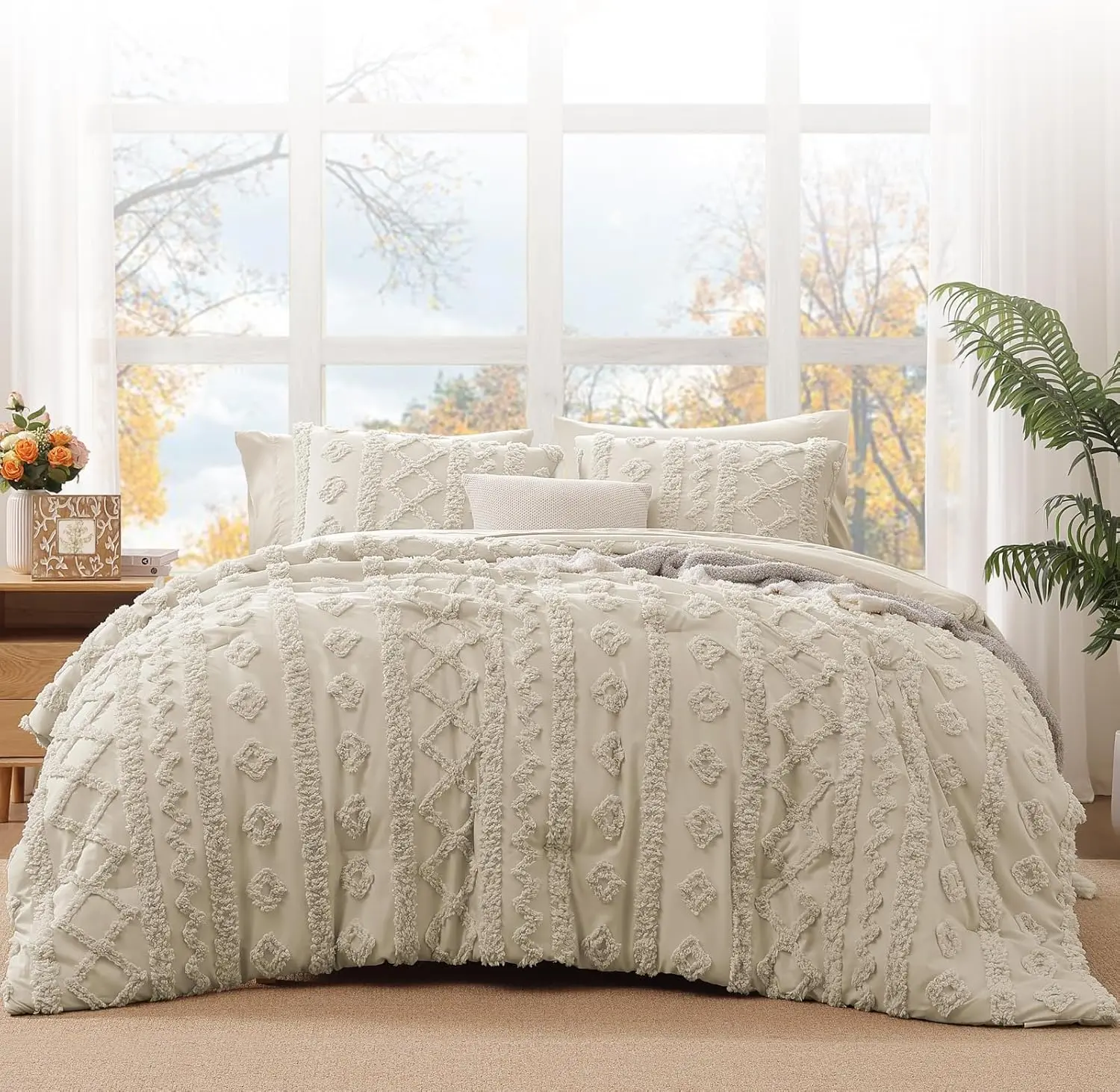 【Summer Sales Deals】Melex Home | Tufted Boho 7 Pieces Comforter Set   Bedding Farmhouse Bed Set, All Season  , Pillowcases & Shams,bed comforter set,bedding sets,queen comforter set,Soft Jacquard Comforter for All Seasons Gifts