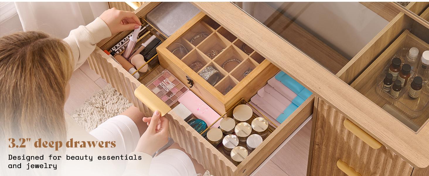 AMERLIFE 36.2/47.2" Fluted Vanity Desk with Mirror and Adjustable LED Lights, Large 4/7 Drawers Makeup Table with Glass Top and Charging Station for Women and Girls,,Best Gift Ideas/Christmas Gifts