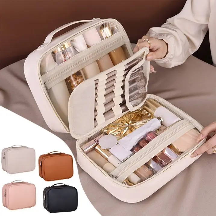 Premium PU Leather Makeup Bag - Large Waterproof Travel Organizer with Adjustable Dividers, Brush Compartment for Makeup Brushes Set, Convenient Handle, Cosmetic Toiletry Storage, Ideal for Holiday Travel, Mother's Day Gift