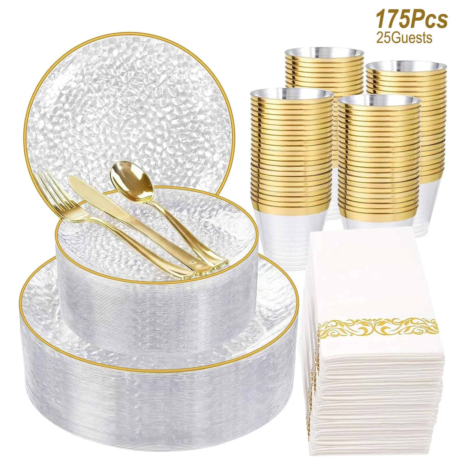 175 Pcs Plastic Dinnerware Set (25 Guests), Clear And Gold Plastic Plates, Hammered Party Plates Include Dinner Platos, Dessert Plates, Cups, Gold Cutlery Set And Napkins for Party