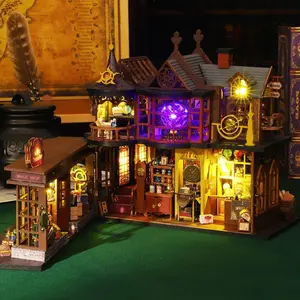 Magic Treasure House DIY Book Nook Kit, 3D Wooden Puzzle Bookshelf Insert with LED Lights, Fantasy Miniature Decor