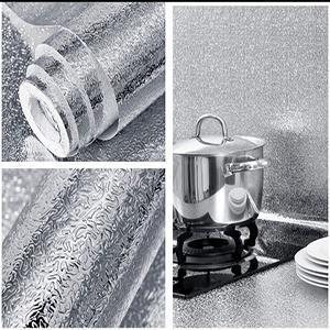 Kitchen Wallpaper Oil Proof Sticker Backsplash 15.7x118 Inches Self Adhesive Aluminum Foil Silver Waterproof Heat Resistant Easy Cut Trim Anti-Oil Dust