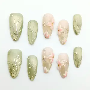 Moonovate - SPRING LETTER 10pcs Handmade Press On Nails Almond Nails REUSABLE 3D Gel Fake Nails Acrylic Press On Nails											