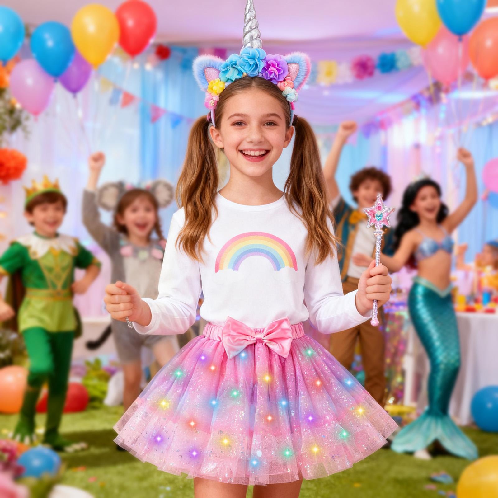 PinkSheep Girls Costume Set,Led Light Up Girls Tutu Skirt with Ear Headband Bow, Kid Party Outfit Costume Christmas