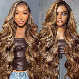 Highlight Ombre Lace Front Wig Human Hair Body Wave 13x6 HD Lace Front Wigs Human Hair 180 Density Honey Blonde 4/27 Colored Lace Frontal Glueless Wigs Human Hair