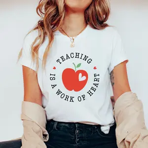 Teaching Is a Work of Heart Adult T-shirt - Soft Comfortable Unisex Tee with Sweet Apple Heart Graphic for Teachers - Hello Handpressed