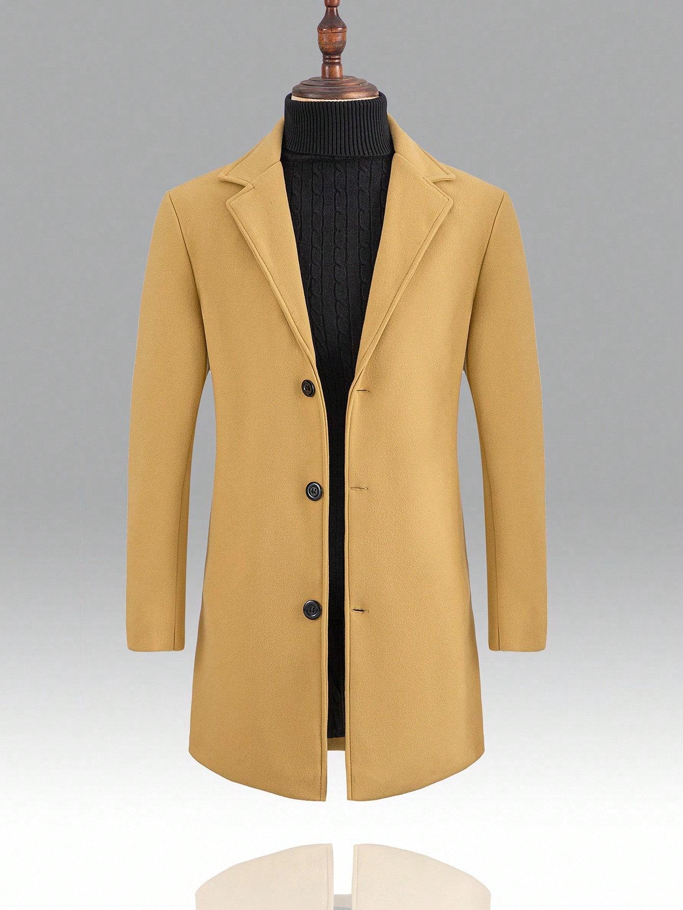 KZZ Men's Solid Button Front Lapel Neck Midi Coat, Regular Fit Casual Long Sleeve Outerwear for Fall & Winter, Men's Clothes for Daily Wear Christmas gifts christmas gifts for him Beige Classic jackets SpringStatements